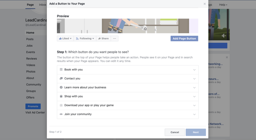 Facebook Business Page CTA button